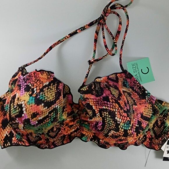 Multicolor Snake Print Padded Halter Bikini Top With Ruffled Trim & Back Tie Clo - Picture 3 of 7